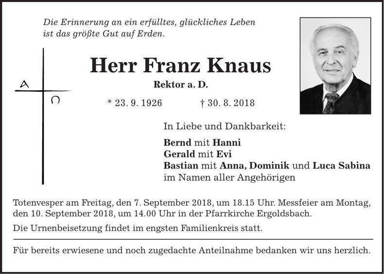 Traueranzeige Franz Knaus