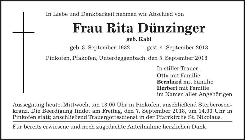 Traueranzeige Rita Dünzinger