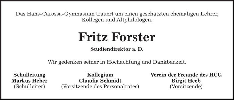 Traueranzeige Fritz Forster