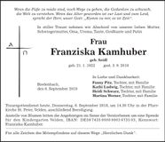 Traueranzeige Franziska Kamhuber
