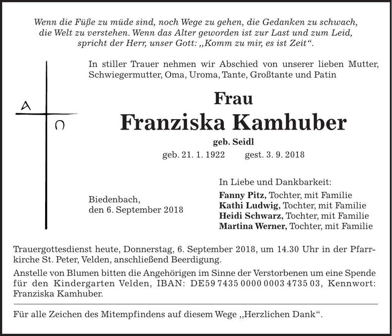 Traueranzeige Franziska Kamhuber