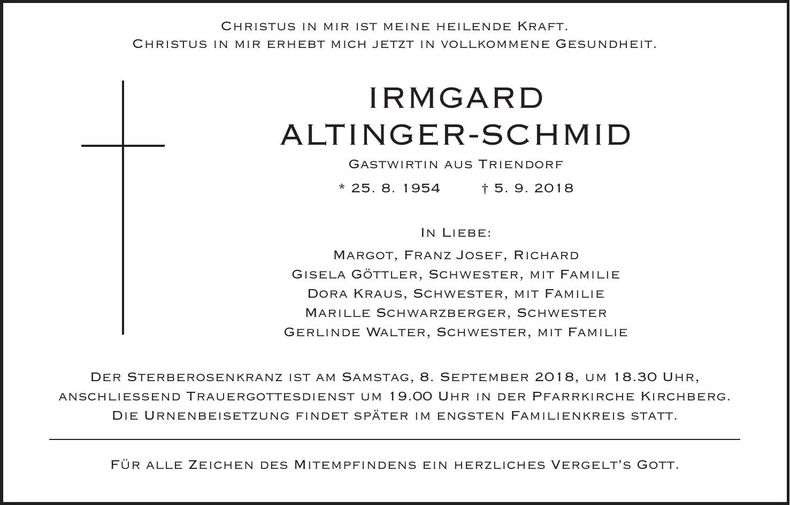 Traueranzeige Irmgard Altinger-Schmid