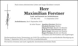 Traueranzeige Maximilian Forstner