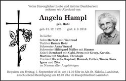 Traueranzeige Angela Hampl