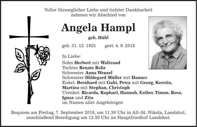 Traueranzeige Angela Hampl