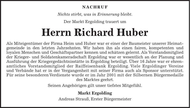 Traueranzeige Richard Huber