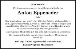 Traueranzeige Anton Eppeneder