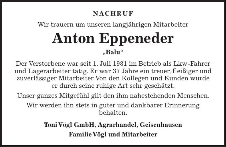 Traueranzeige Anton Eppeneder