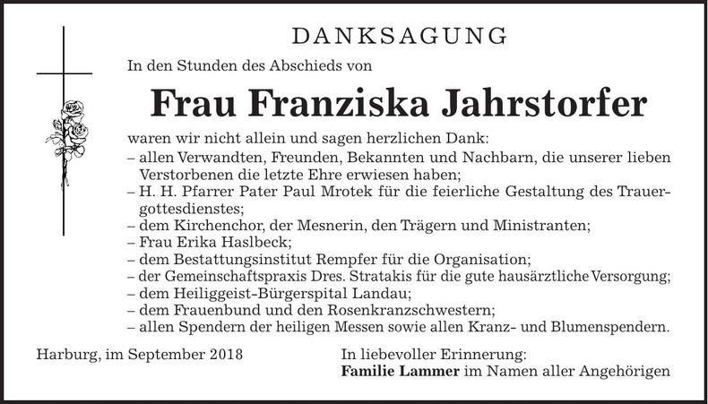 Traueranzeige Franziska Jahrstorfer