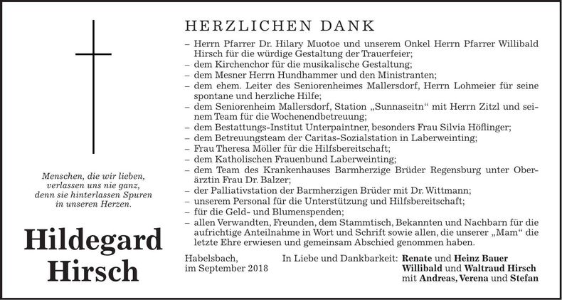 Traueranzeige Hildegard Hirsch