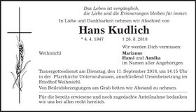 Traueranzeige Hans Kudlich