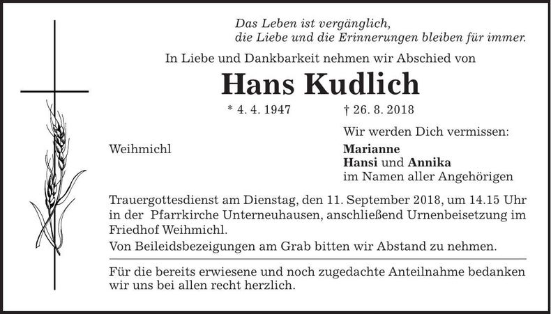 Traueranzeige Hans Kudlich