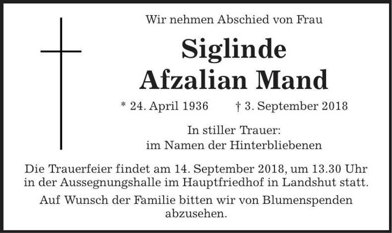 Traueranzeige Siglinde Afzalian-Mand
