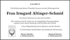 Traueranzeige Irmgard Altinger-Schmid
