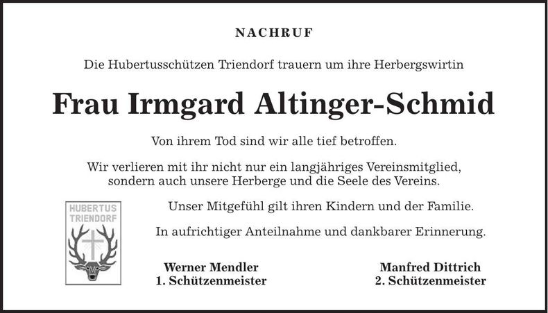 Traueranzeige Irmgard Altinger-Schmid