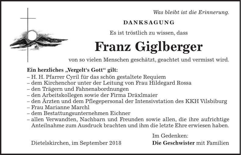 Traueranzeige Franz Giglberger