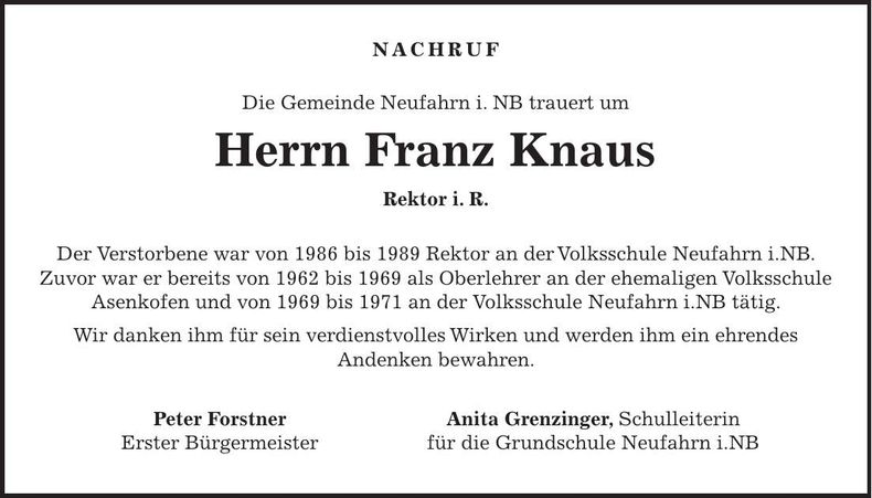 Traueranzeige Franz Knaus