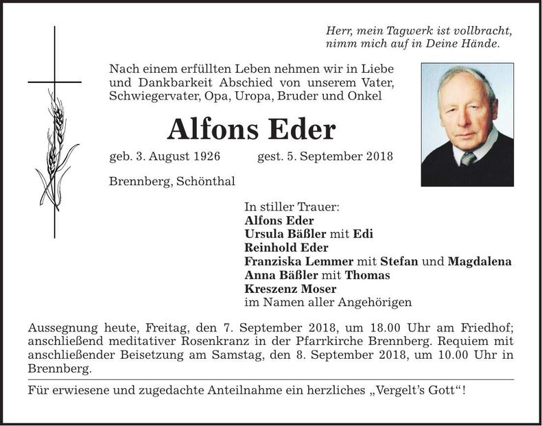 Traueranzeige Alfons Eder