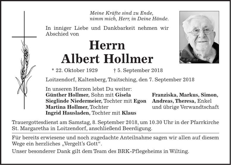 Traueranzeige Albert Hollmer
