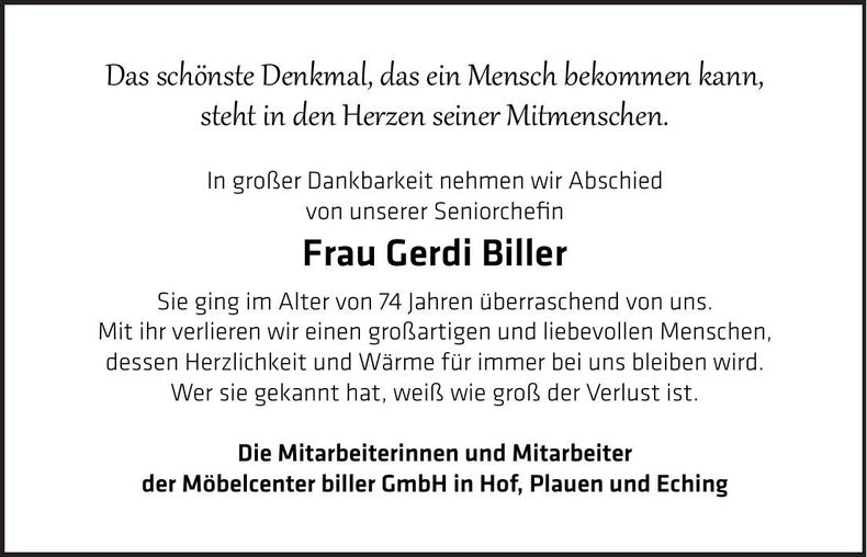 Traueranzeige Gerdi Biller