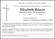 Traueranzeige Elisabeth Hauser