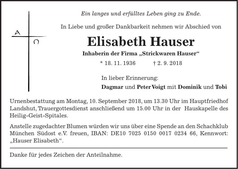 Traueranzeige Elisabeth Hauser