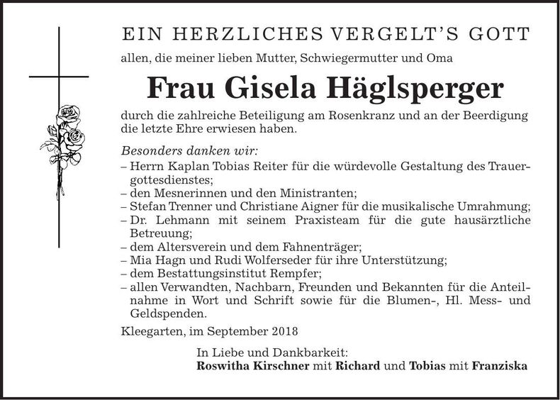 Traueranzeige Gisela Häglsperger