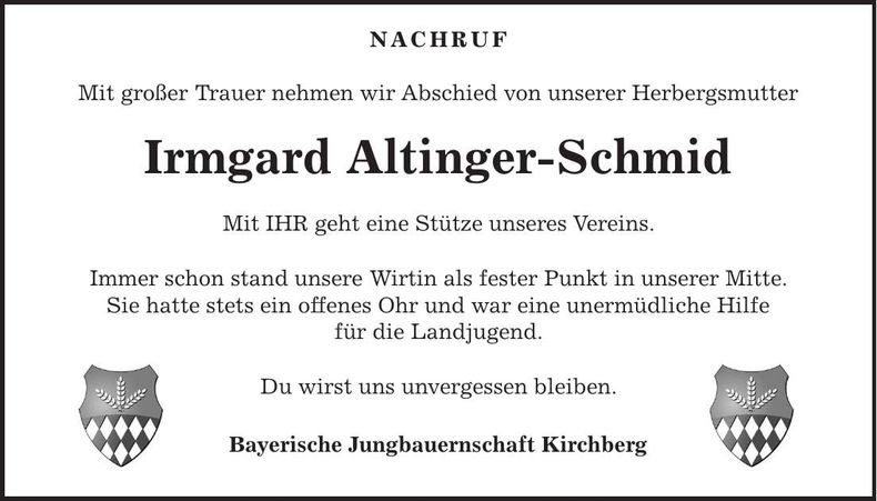 Traueranzeige Irmgard Altinger-Schmid