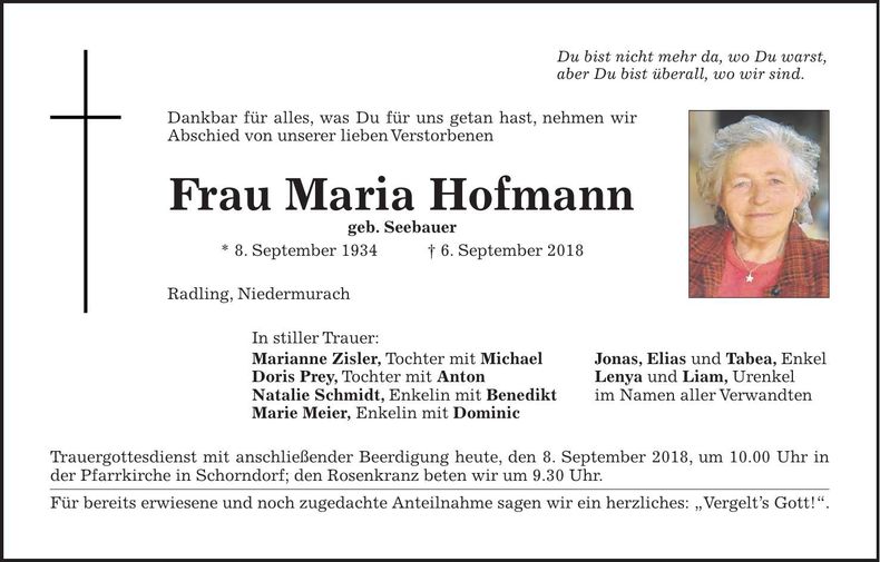 Traueranzeige Maria Hofmann