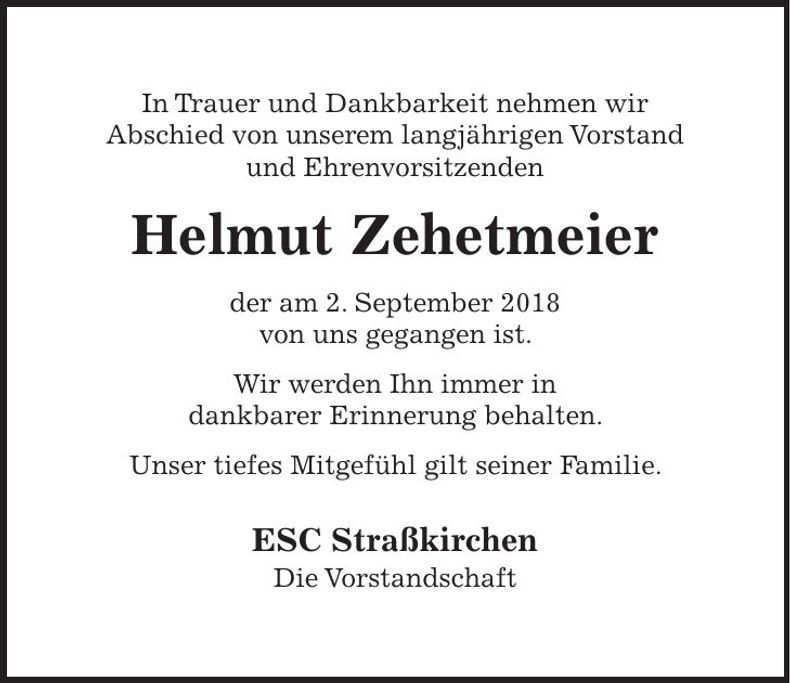 Traueranzeige Helmut Zehetmeier