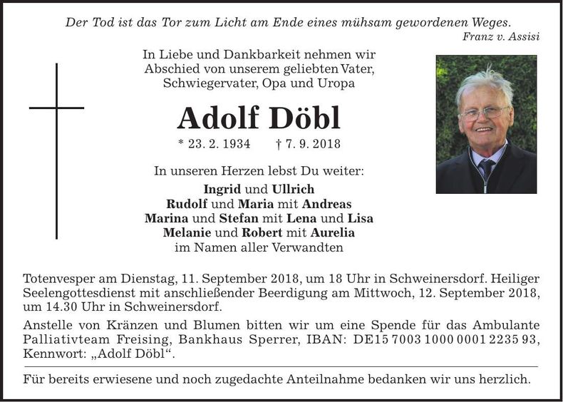 Traueranzeige Adolf Döbl