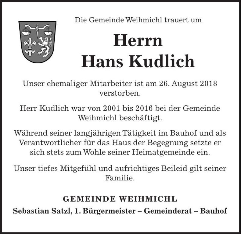 Traueranzeige Hans Kudlich