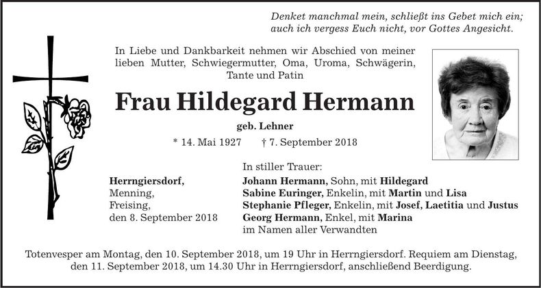 Traueranzeige Hildegard Hermann