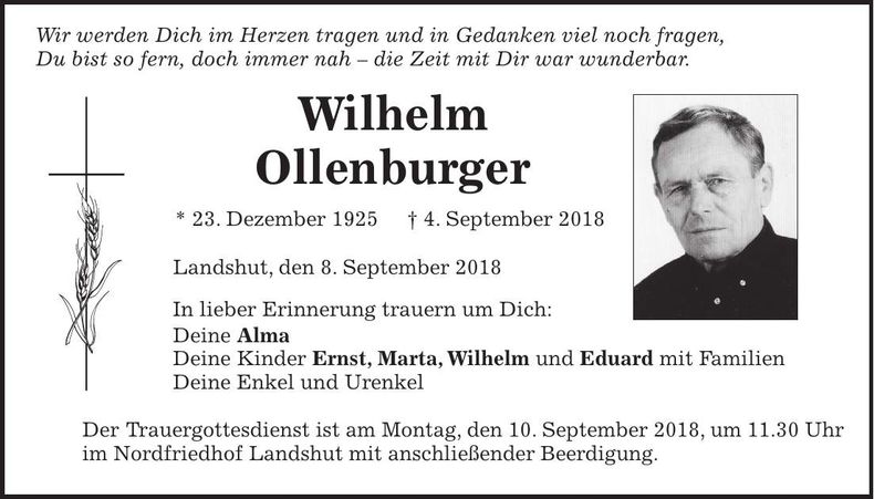Traueranzeige Wilhelm Ollenburger