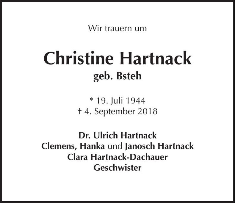 Traueranzeige Christine Hartnack
