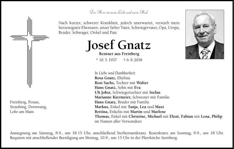 Traueranzeige Josef Gnatz