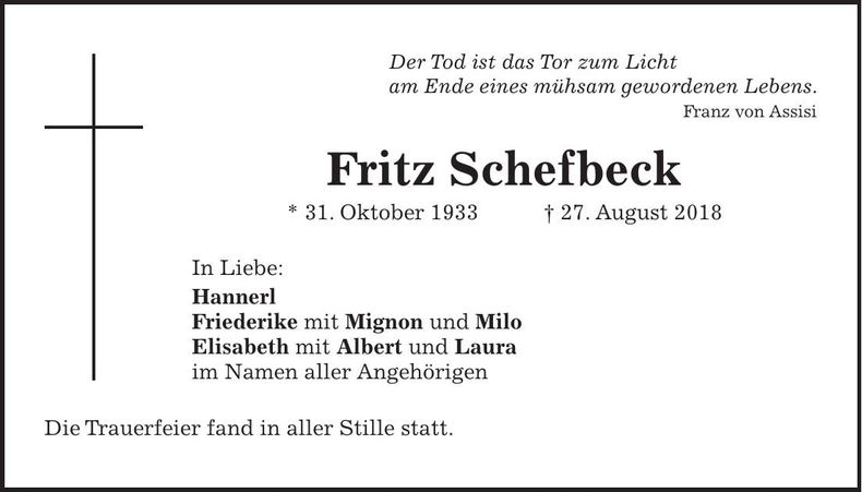 Traueranzeige Fritz Schefbeck