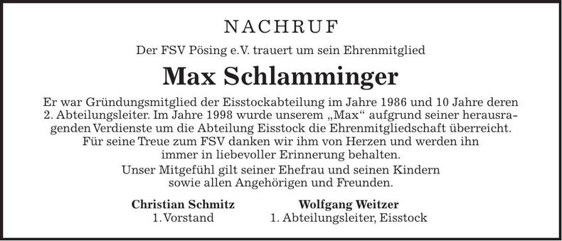 Traueranzeige Max Schlamminger