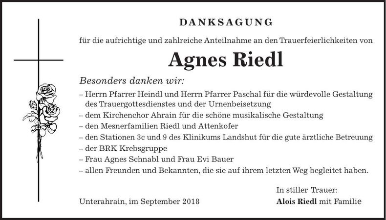 Traueranzeige Agnes Riedl