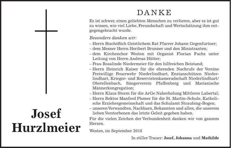 Traueranzeige Josef Hurzlmeier