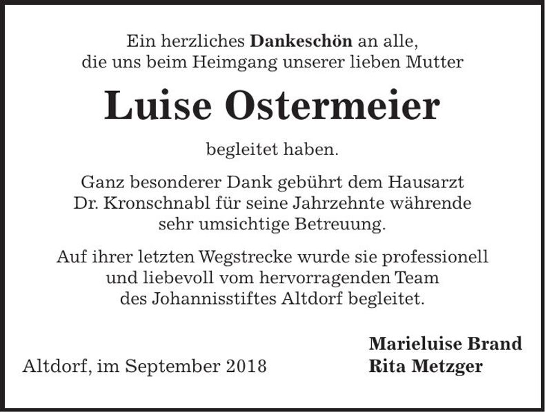Traueranzeige Luise Ostermeier