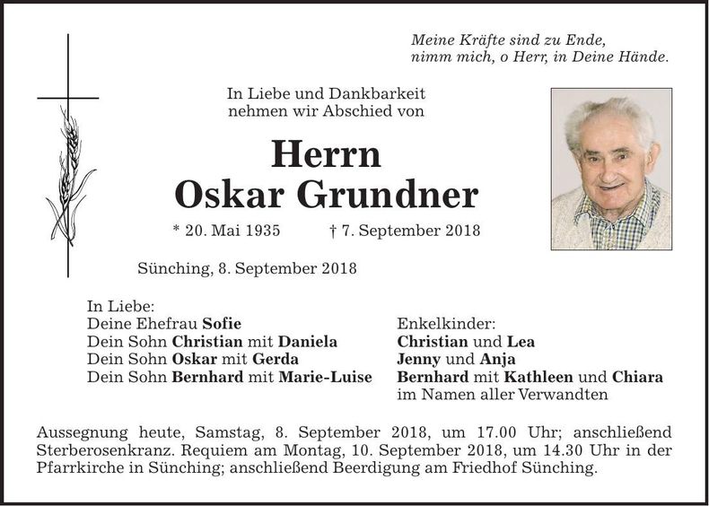 Traueranzeige Oskar Grundner