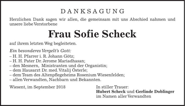 Traueranzeige Sophie Scheck