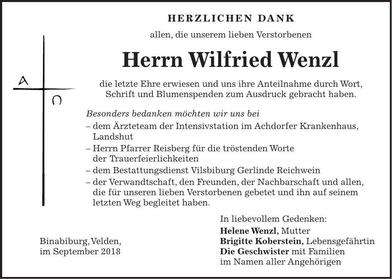 Traueranzeige Wilfried Wenzl
