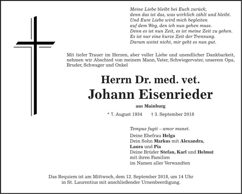 Traueranzeige Johann Eisenrieder