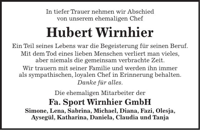 Traueranzeige Hubert Wirnhier