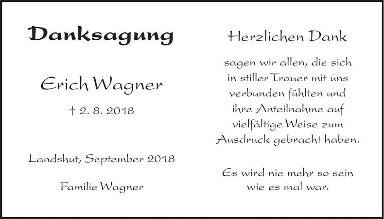 Traueranzeige Erich Wagner