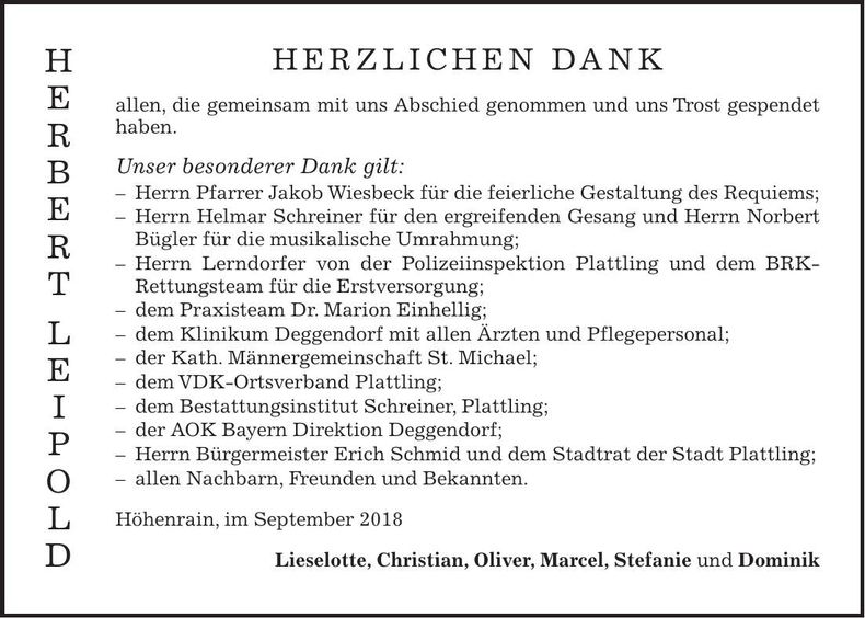 Traueranzeige Herbert Leipold