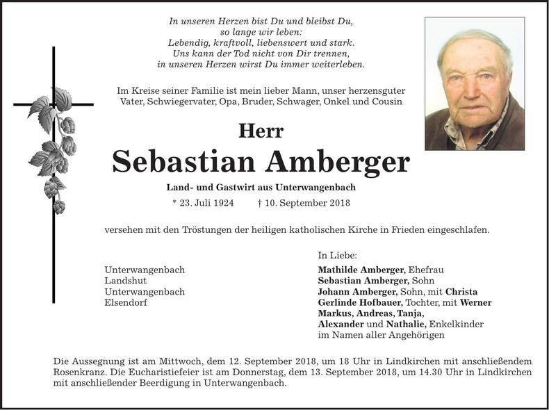 Traueranzeige Sebastian Amberger