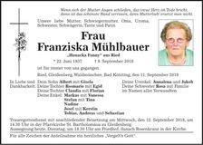 Traueranzeige Franzsika Mühlbauer